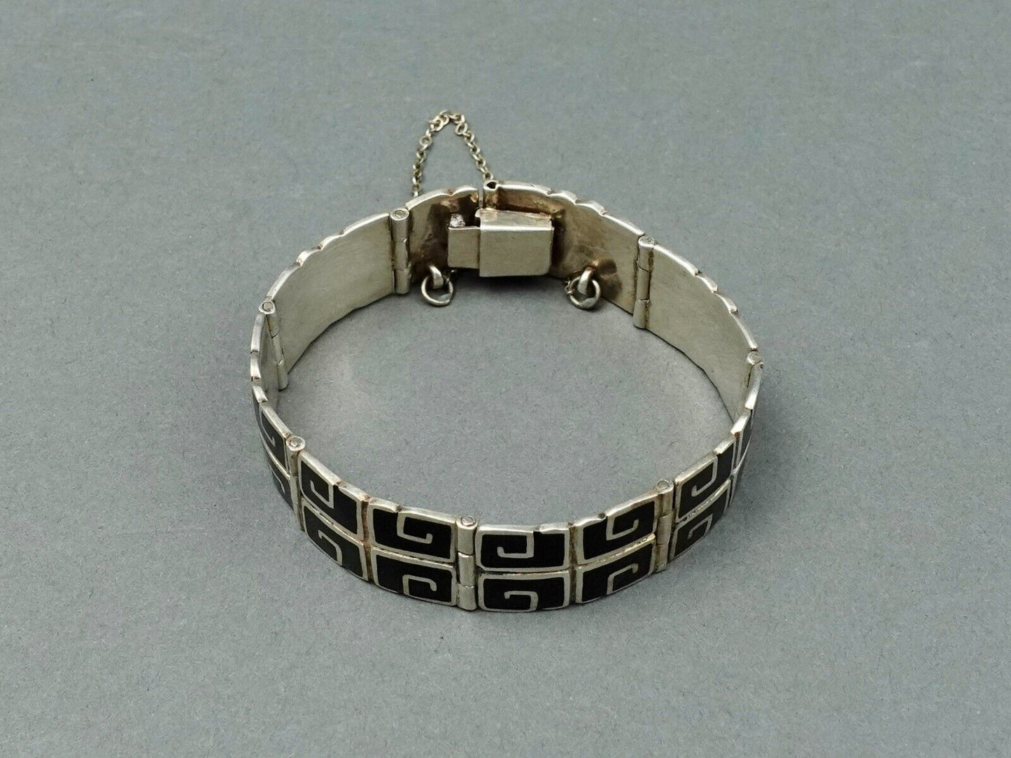 Margot De Taxco Mexican Vintage Sterling Silver Black Enamel Greek Key Bracelet