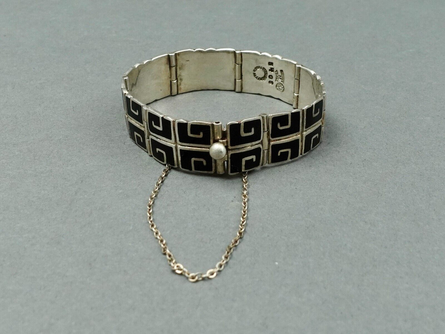 Margot De Taxco Mexican Vintage Sterling Silver Black Enamel Greek Key Bracelet