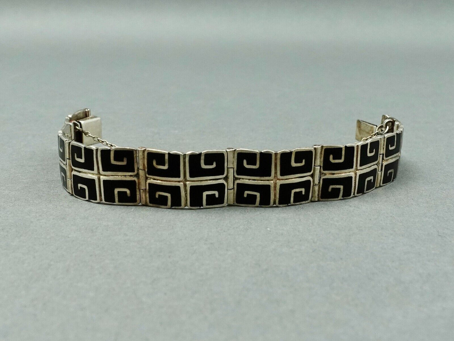 Margot De Taxco Mexican Vintage Sterling Silver Black Enamel Greek Key Bracelet