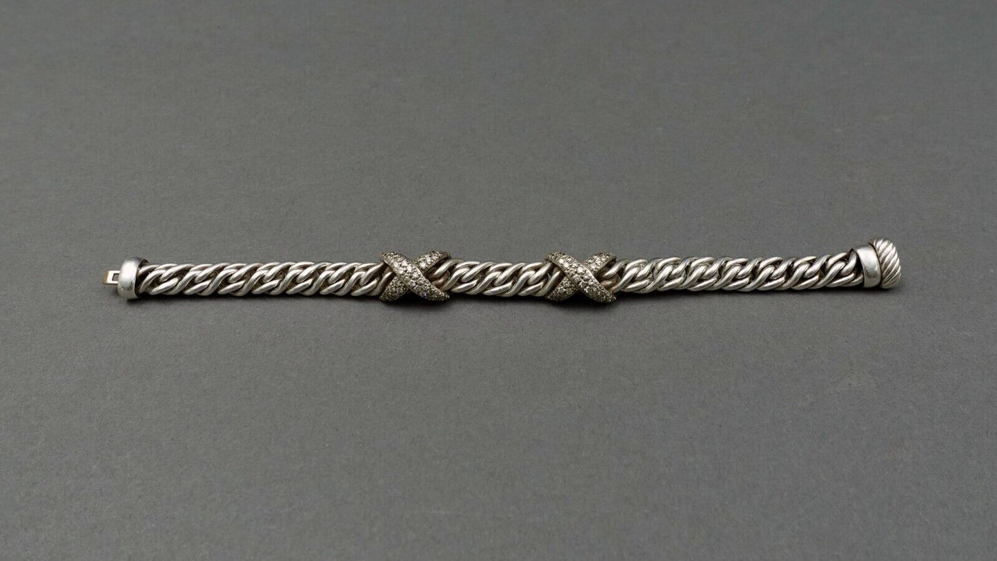 David Yurman Lyrica Double X Pave Diamond Sterling Silver Braided Link Bracelet
