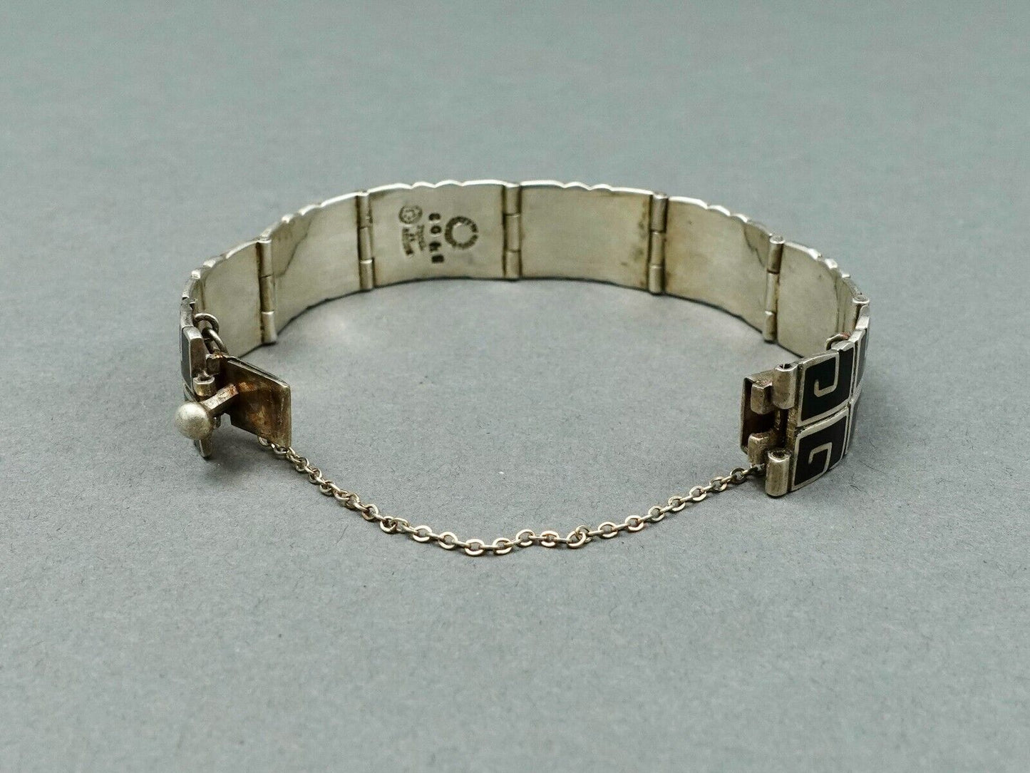 Margot De Taxco Mexican Vintage Sterling Silver Black Enamel Greek Key Bracelet