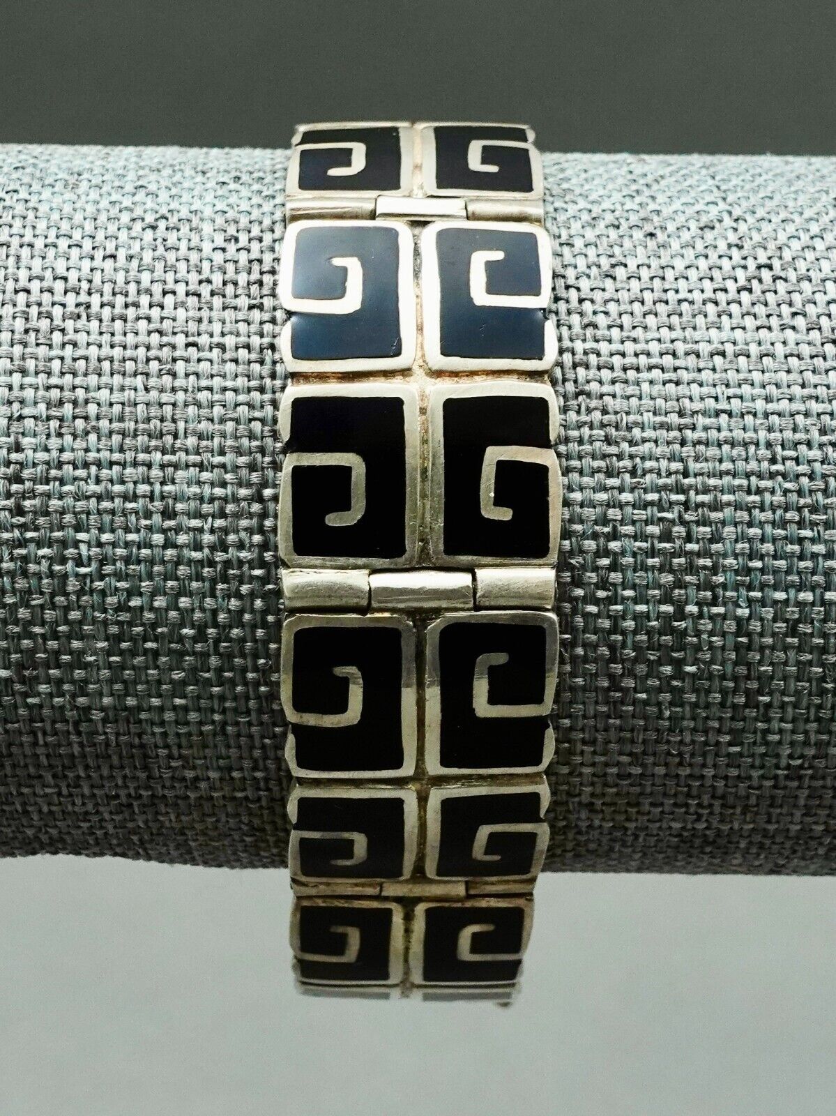 Margot De Taxco Mexican Vintage Sterling Silver Black Enamel Greek Key Bracelet