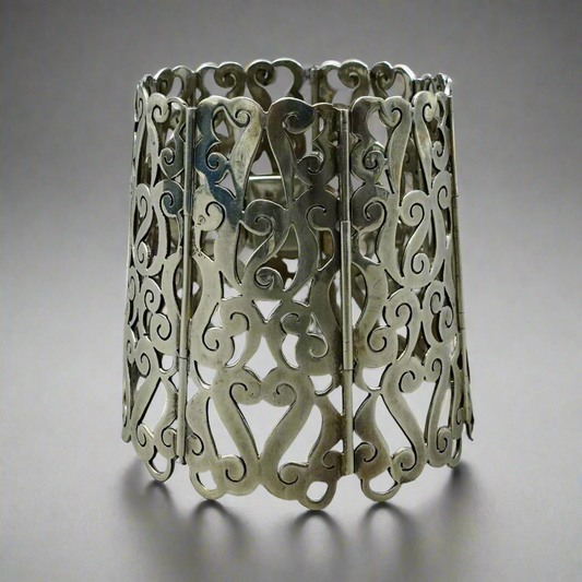 Mar Signed Vintage Mexican Sterling Silver 2 1/2" Wide Ornate Gauntlet Bracelet