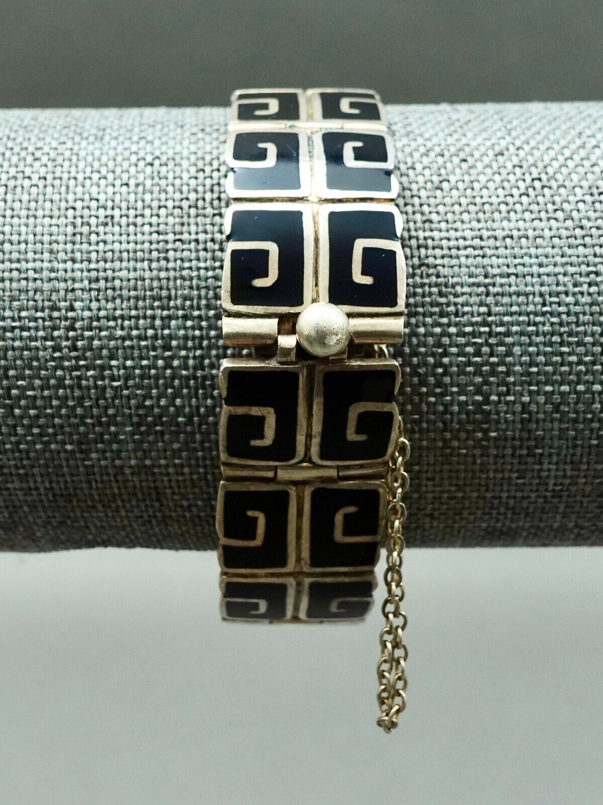 Margot De Taxco Mexican Vintage Sterling Silver Black Enamel Greek Key Bracelet
