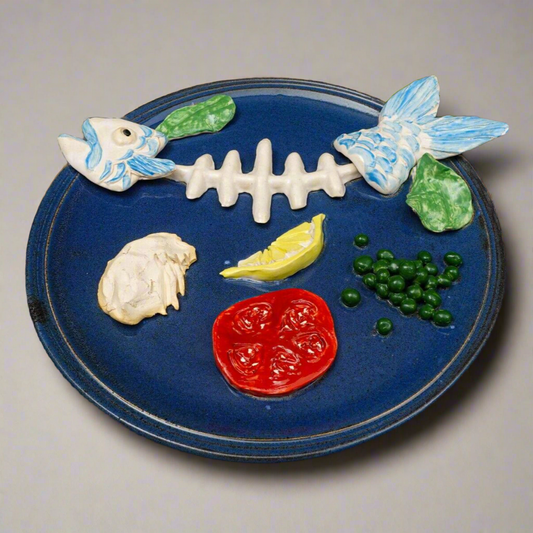 Sue Mattox Vintage Handmade Painted Studio Art Pottery Fish Food Sculpture Plate