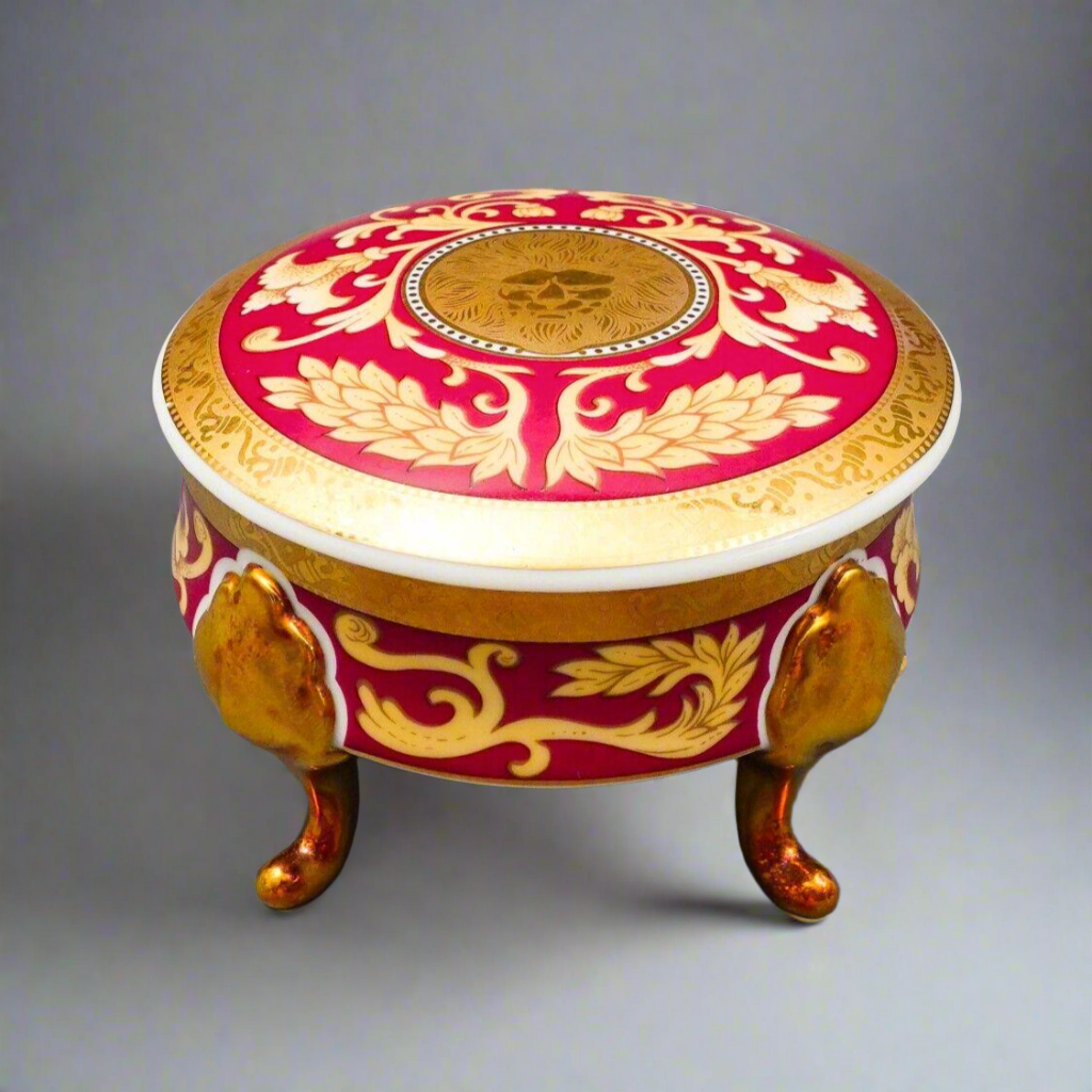 Pirken Hammer Czechoslovakia Red & Gold Porcelain Footed Dresser Trinket Box