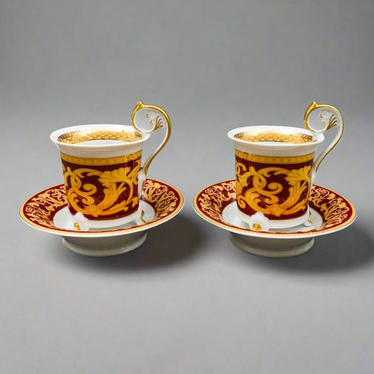 Leander Czech Vintage Red & Gold Porcelain Footed Tea Cup  Saucer Set Of 2