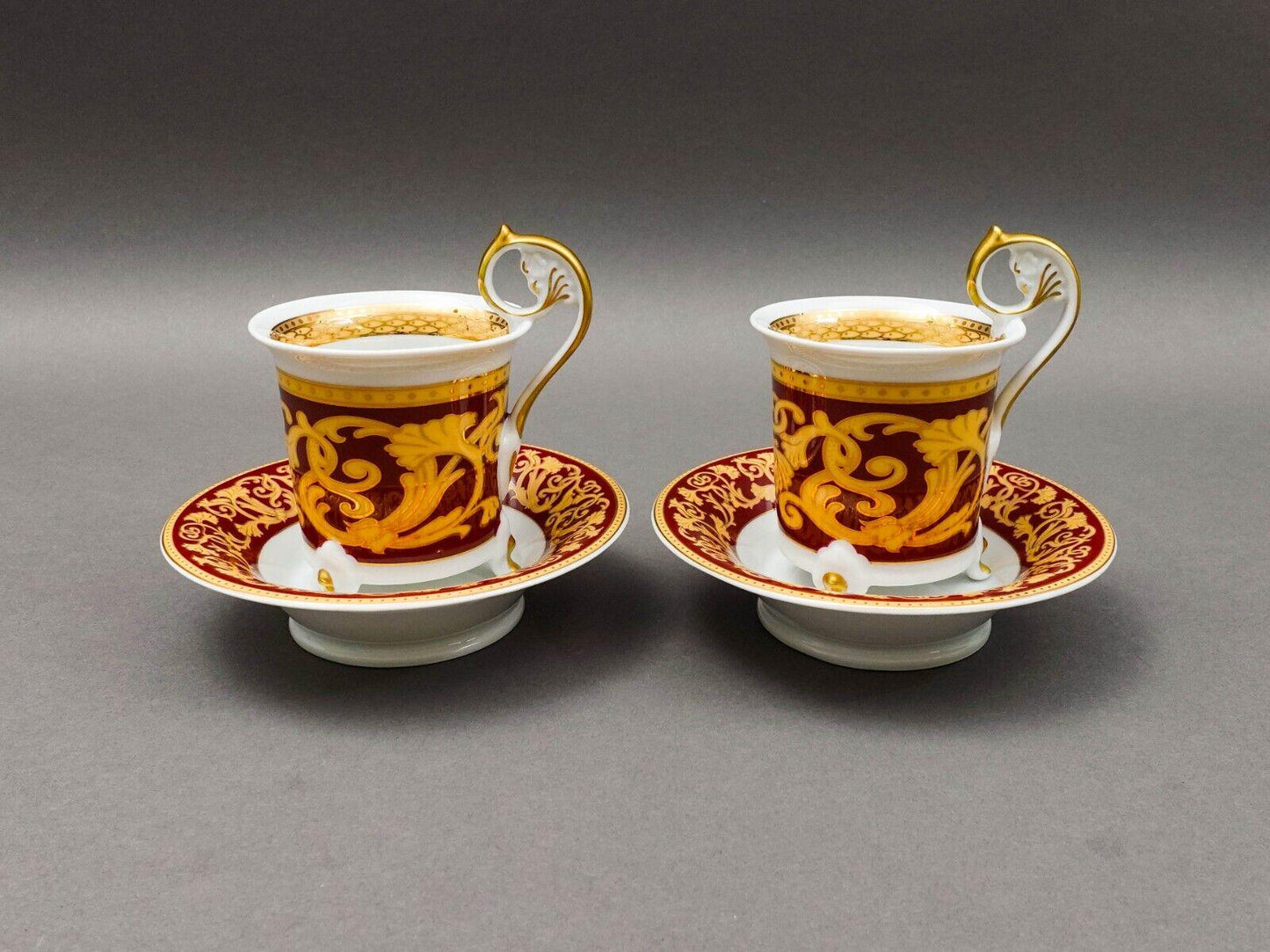 Leander Czech Vintage Red & Gold Porcelain Footed Tea Cup  Saucer Set Of 2