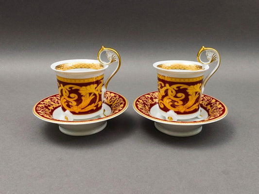 Leander Czech Vintage Red & Gold Porcelain Footed Tea Cup  Saucer Set Of 2