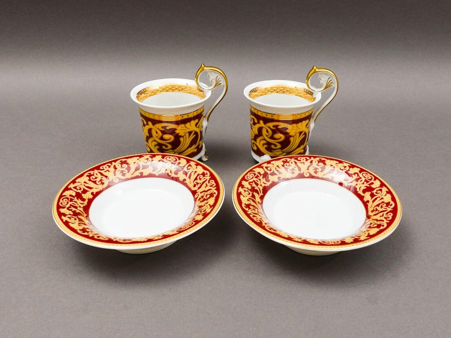 Leander Czech Vintage Red & Gold Porcelain Footed Tea Cup  Saucer Set Of 2