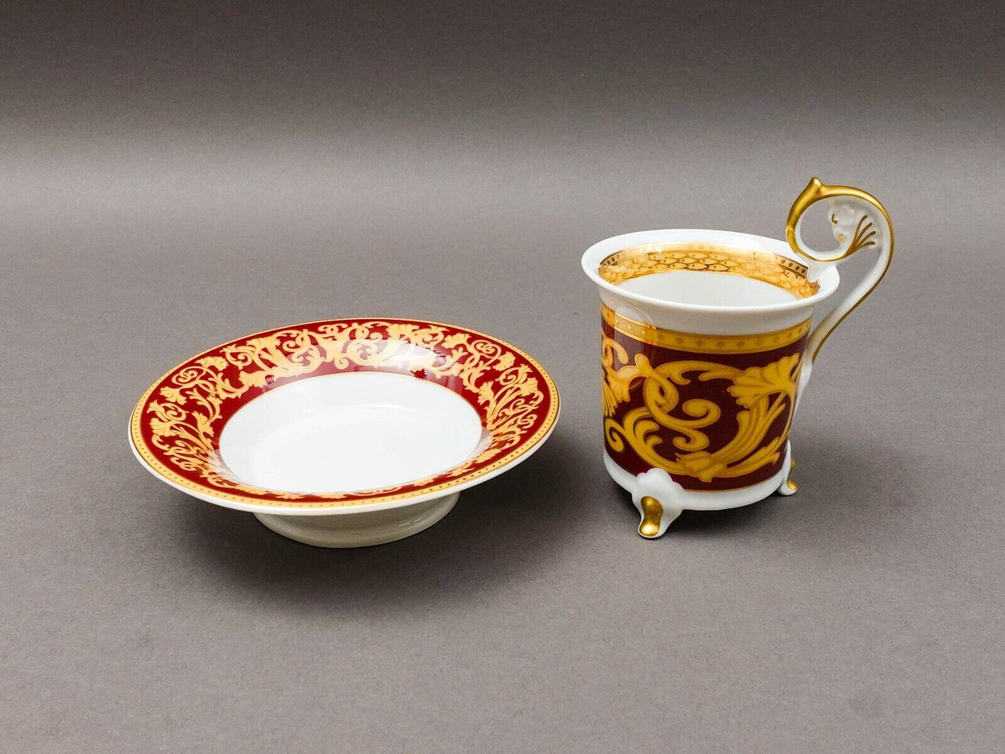 Leander Czech Vintage Red & Gold Porcelain Footed Tea Cup  Saucer Set Of 2