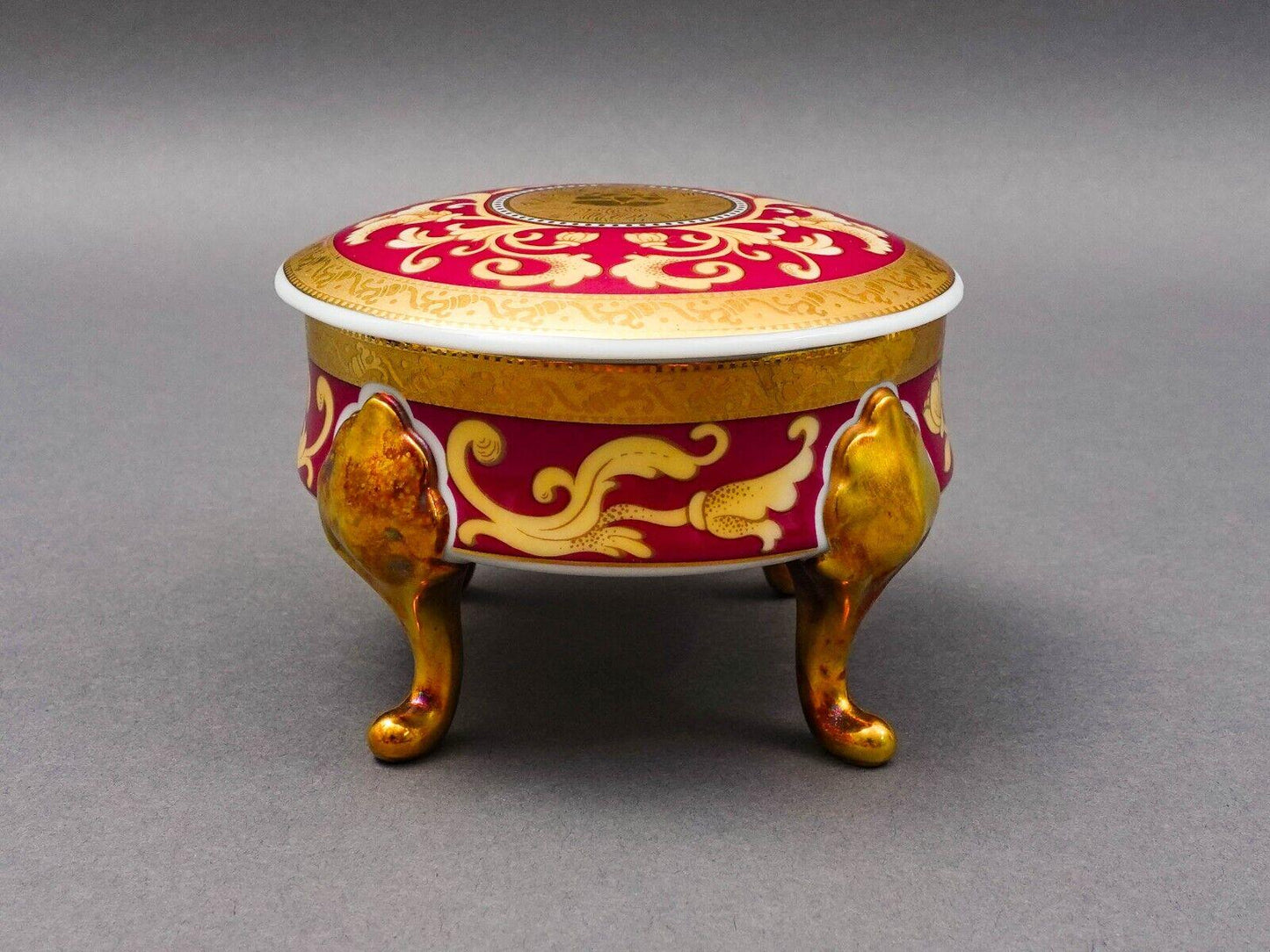 Pirken Hammer Czechoslovakia Red & Gold Porcelain Footed Dresser Trinket Box