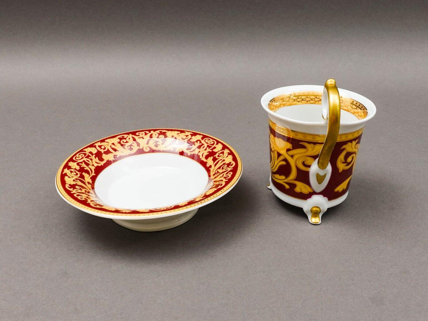 Leander Czech Vintage Red & Gold Porcelain Footed Tea Cup  Saucer Set Of 2