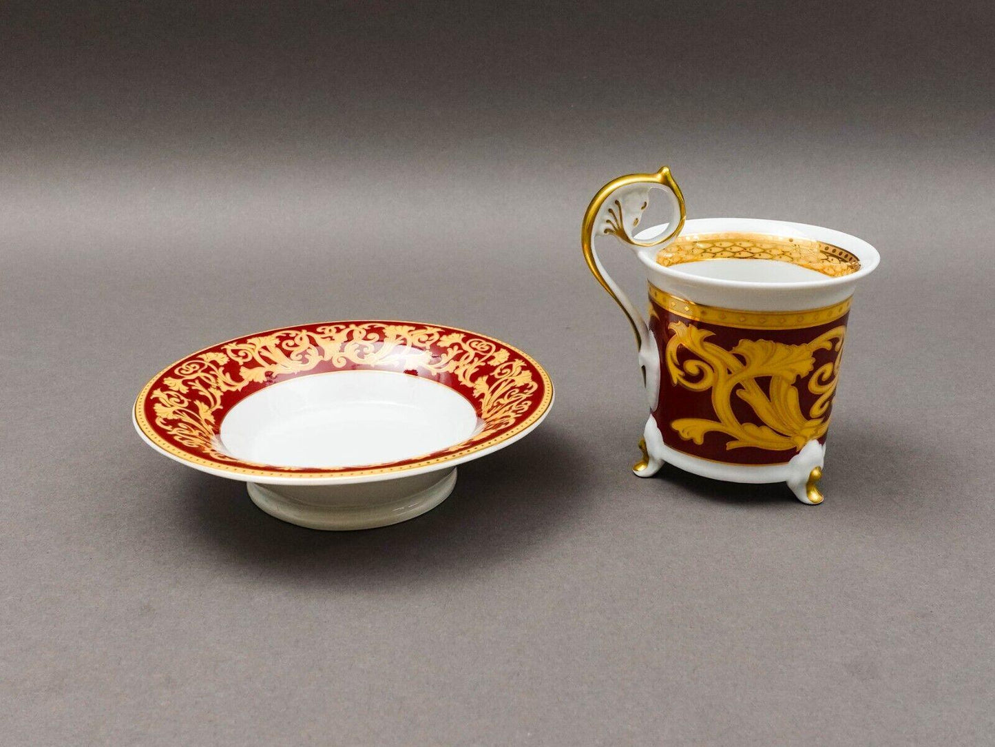 Leander Czech Vintage Red & Gold Porcelain Footed Tea Cup  Saucer Set Of 2