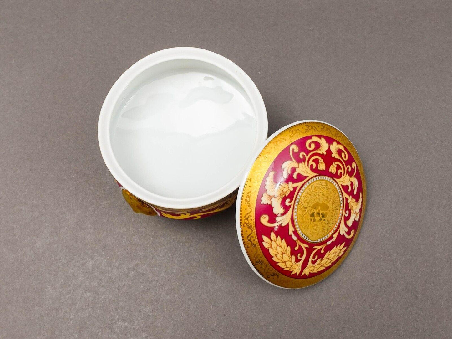 Pirken Hammer Czechoslovakia Red & Gold Porcelain Footed Dresser Trinket Box
