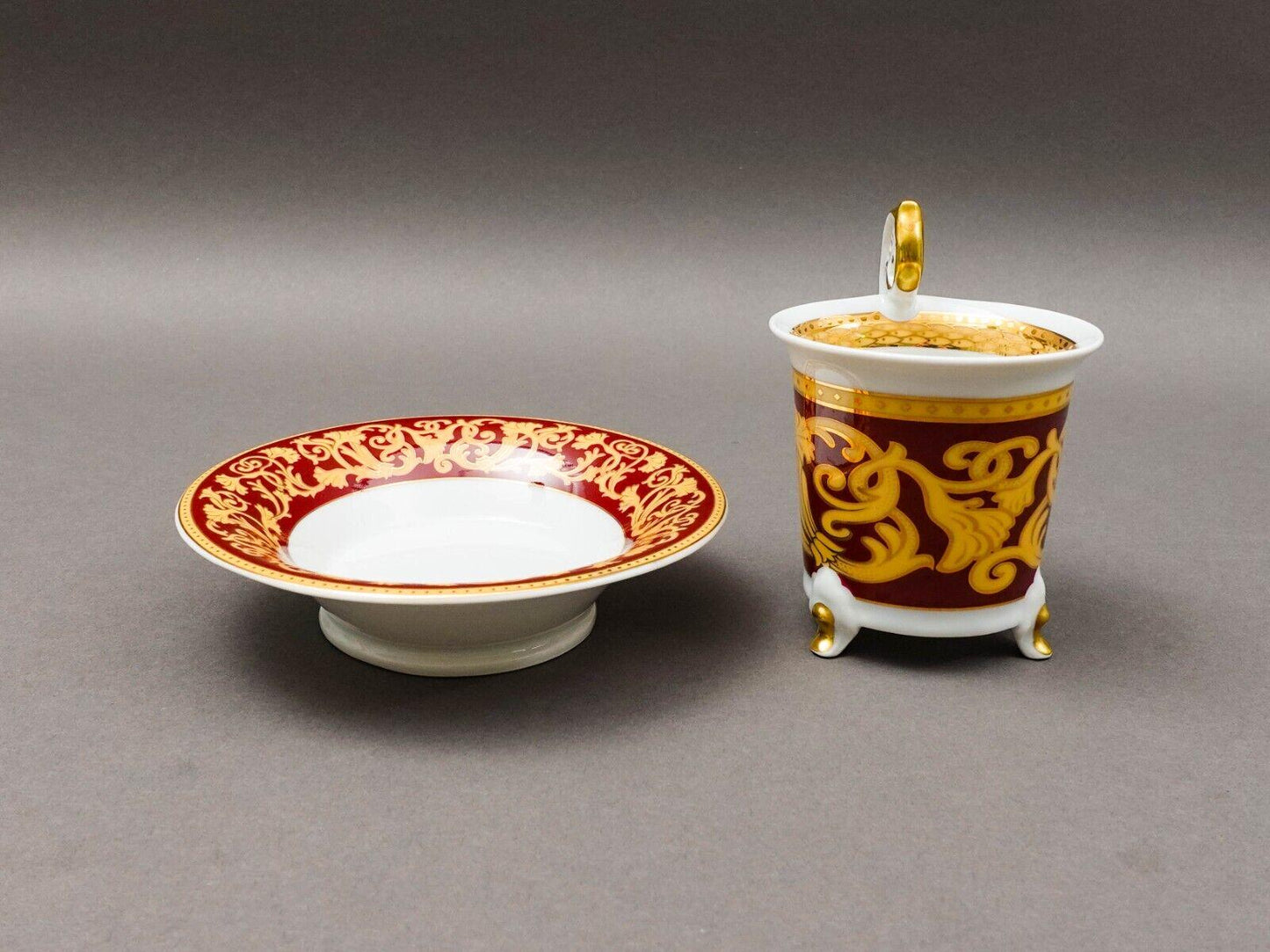 Leander Czech Vintage Red & Gold Porcelain Footed Tea Cup  Saucer Set Of 2