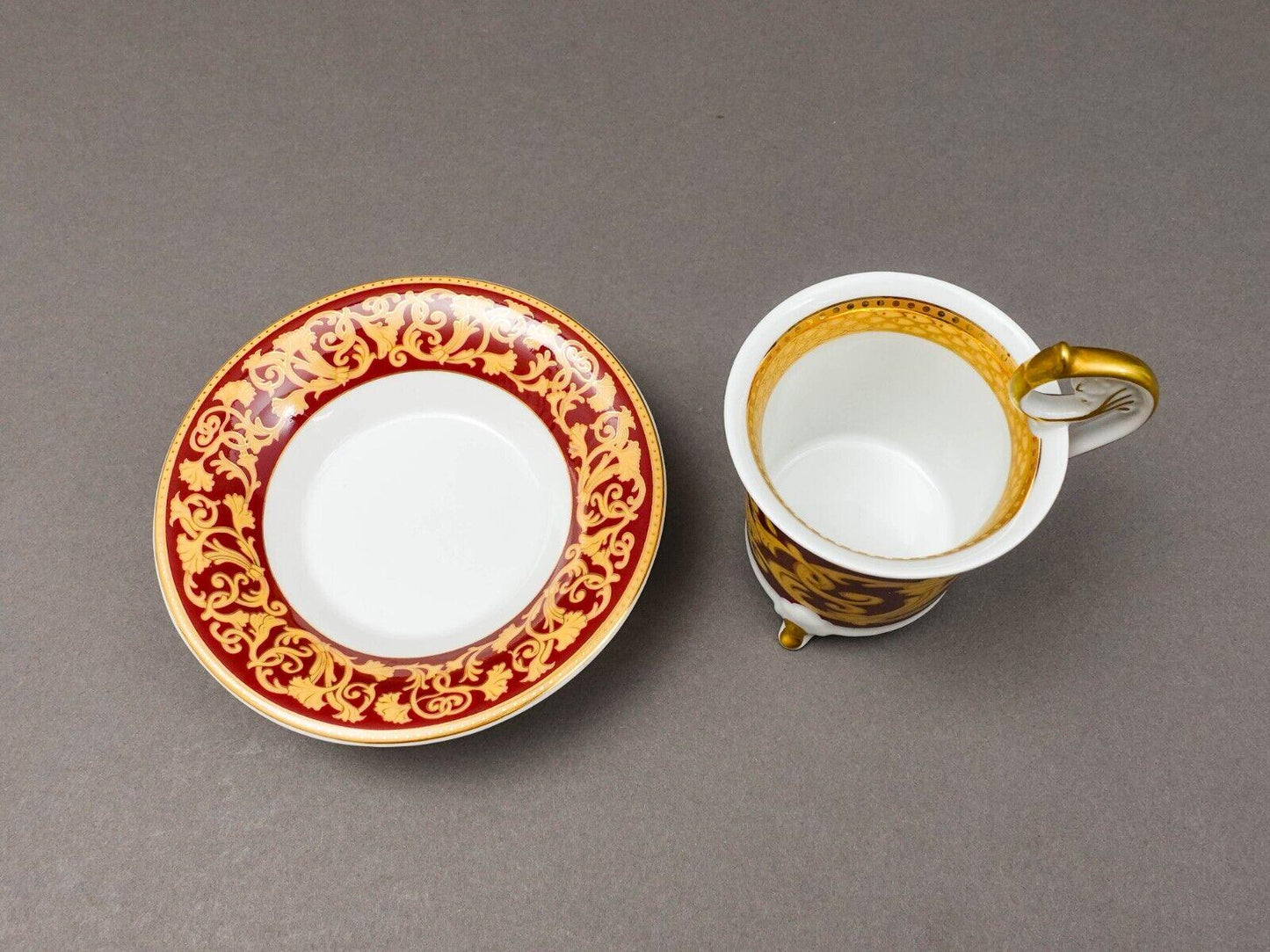 Leander Czech Vintage Red & Gold Porcelain Footed Tea Cup  Saucer Set Of 2