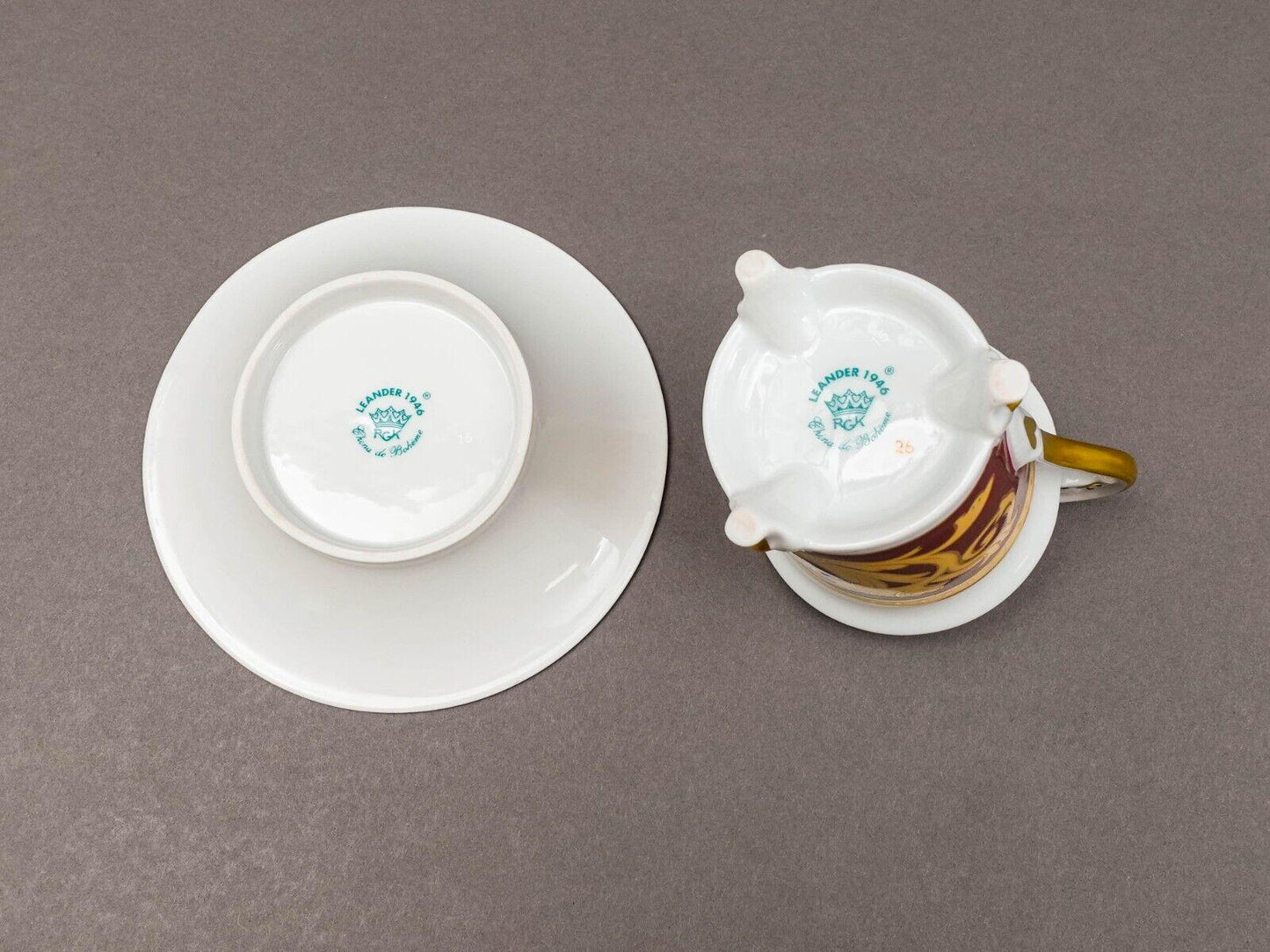 Leander Czech Vintage Red & Gold Porcelain Footed Tea Cup  Saucer Set Of 2
