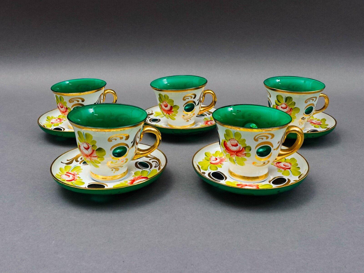 Bohemian White Cut To Green Cased Gold Floral Demitasse Cup & Saucer Set Of 5