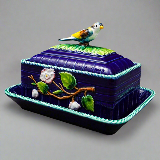 Mottahehedeh Italy Majolica Cobalt Floral Bird Finial Covered Dish With Tray