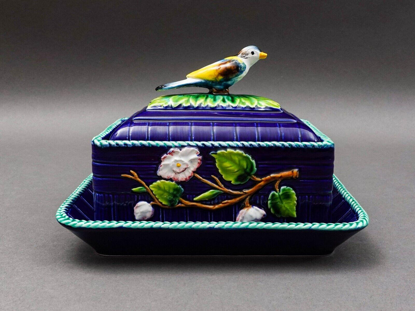 Mottahehedeh Italy Majolica Cobalt Floral Bird Finial Covered Dish With Tray