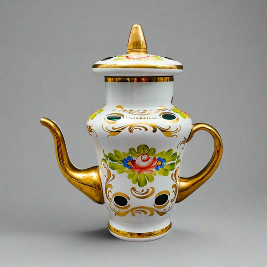 Bohemian Czech White Cut To Green Cased Gold Gilt Hand Painted Floral Tea Pot
