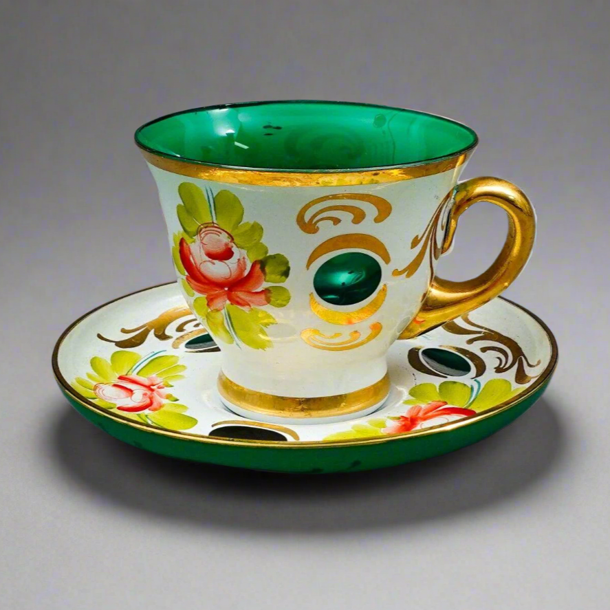 Bohemian White Cut To Green Cased Gold Floral Demitasse Cup & Saucer Set Of 5