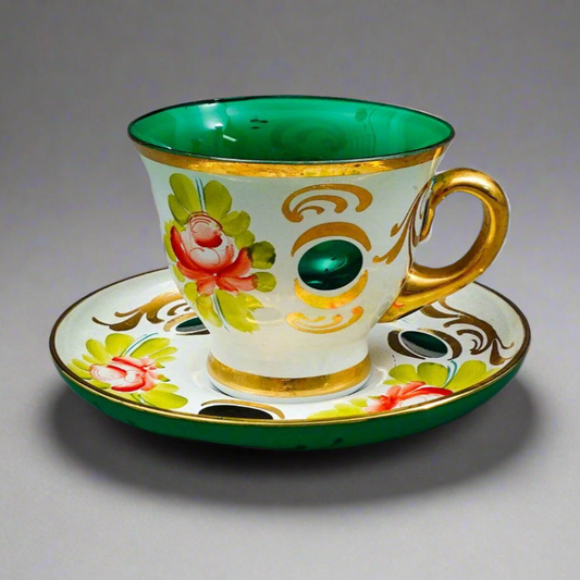 Bohemian White Cut To Green Cased Gold Floral Demitasse Cup & Saucer Set Of 5