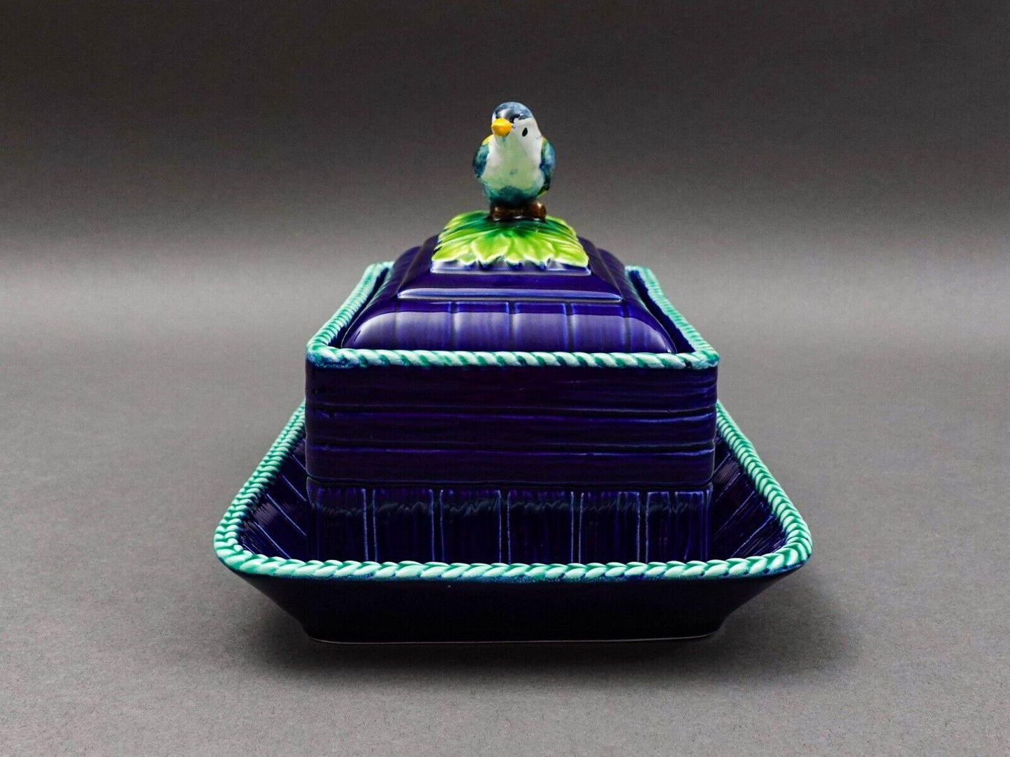 Mottahehedeh Italy Majolica Cobalt Floral Bird Finial Covered Dish With Tray