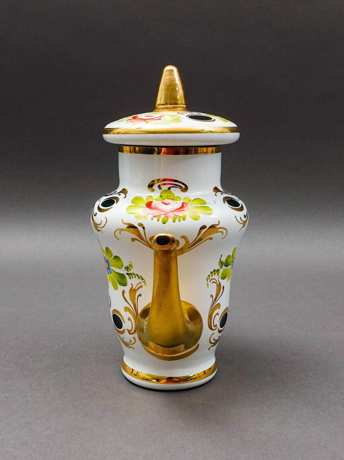 Bohemian Czech White Cut To Green Cased Gold Gilt Hand Painted Floral Tea Pot