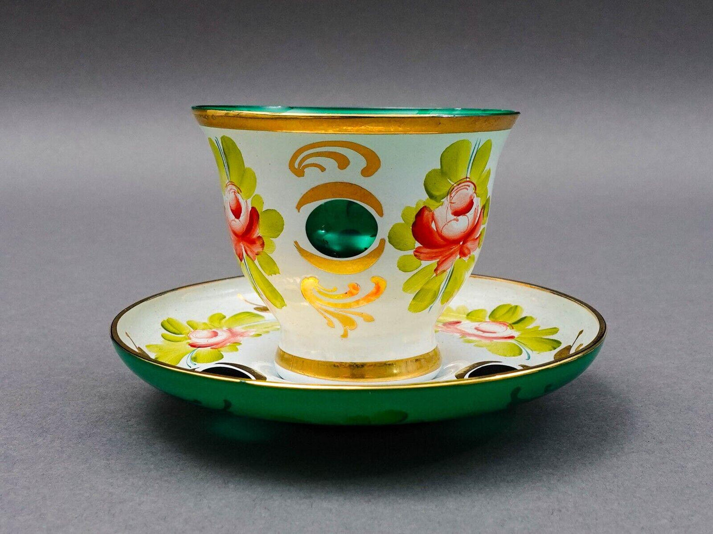 Bohemian White Cut To Green Cased Gold Floral Demitasse Cup & Saucer Set Of 5