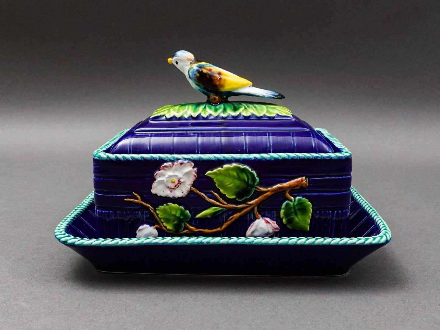 Mottahehedeh Italy Majolica Cobalt Floral Bird Finial Covered Dish With Tray
