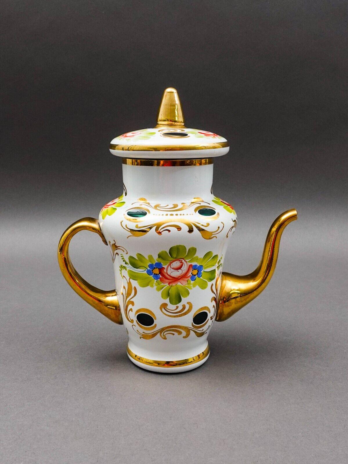 Bohemian Czech White Cut To Green Cased Gold Gilt Hand Painted Floral Tea Pot