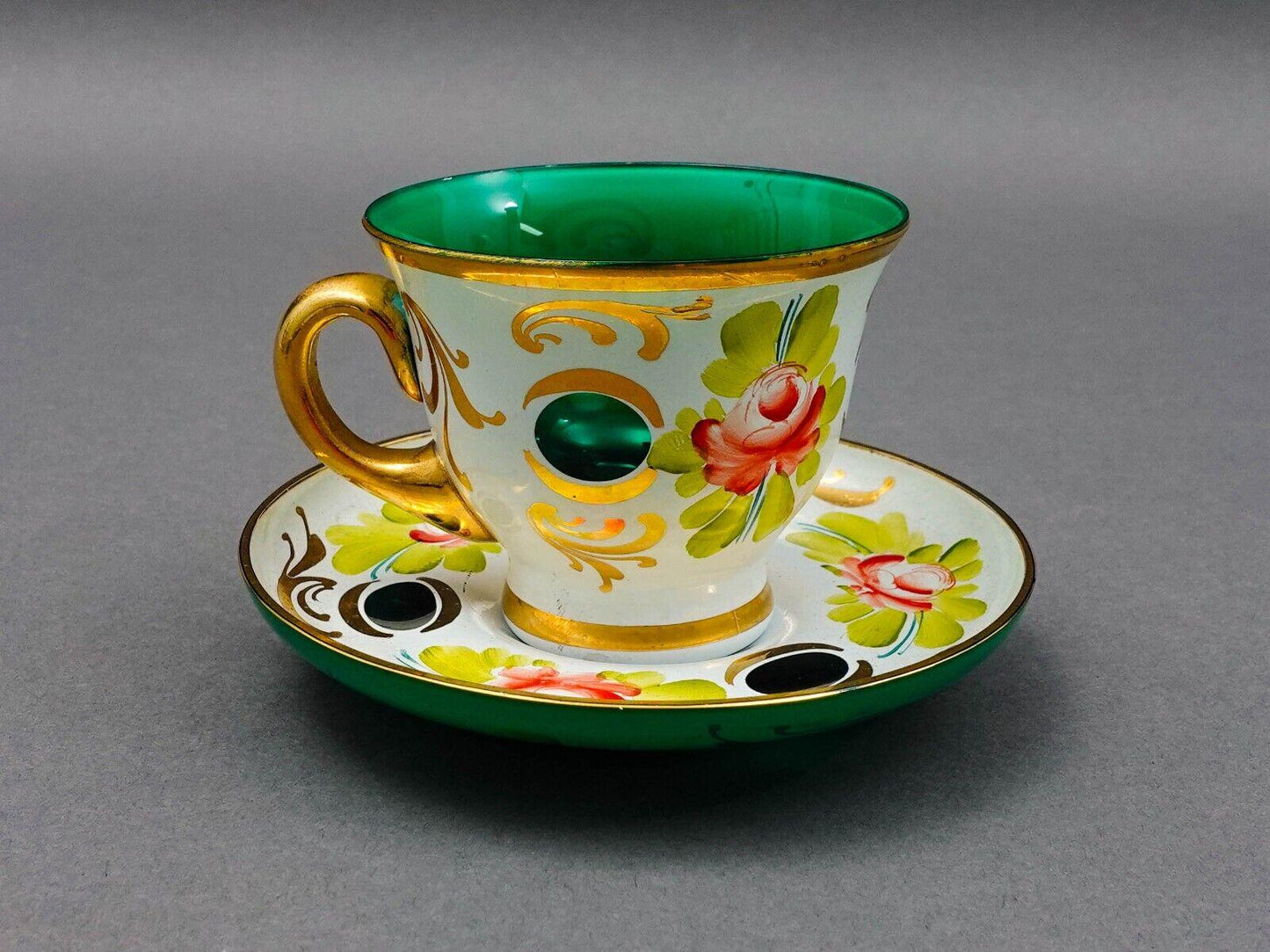 Bohemian White Cut To Green Cased Gold Floral Demitasse Cup & Saucer Set Of 5