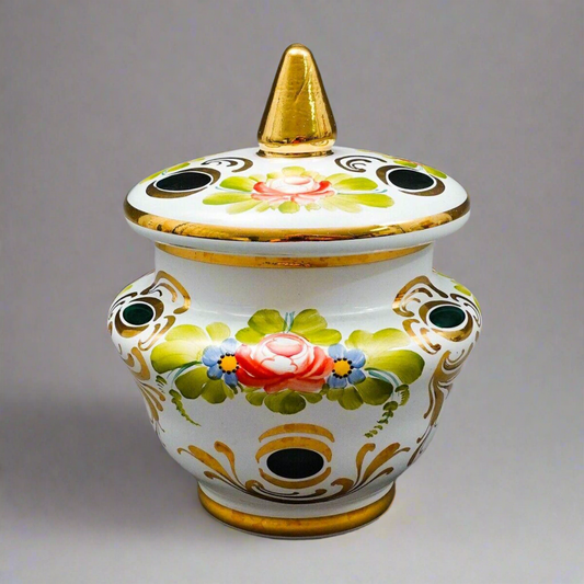 Bohemian White Cut To Green Cased Gold Gilt Hand Painted Floral Sugar Bowl