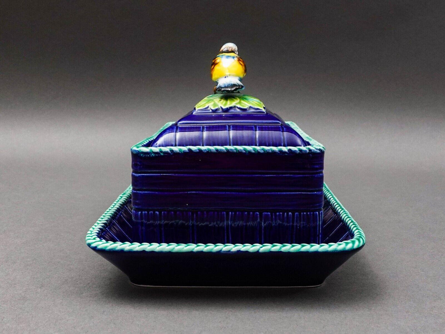 Mottahehedeh Italy Majolica Cobalt Floral Bird Finial Covered Dish With Tray