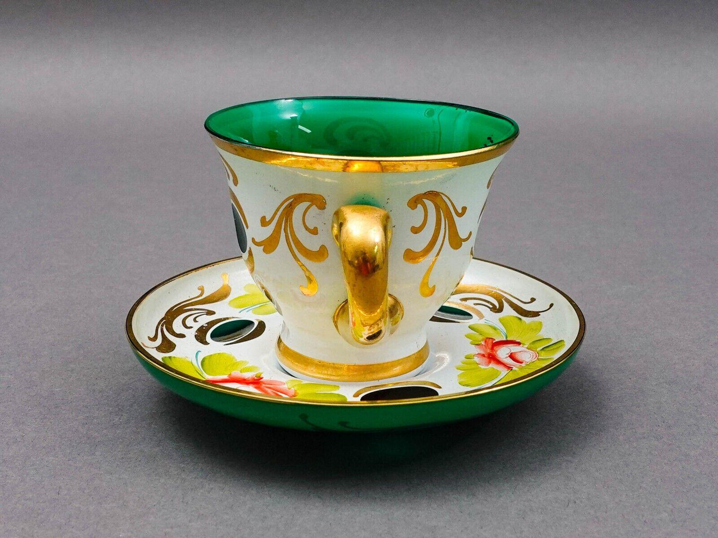 Bohemian White Cut To Green Cased Gold Floral Demitasse Cup & Saucer Set Of 5