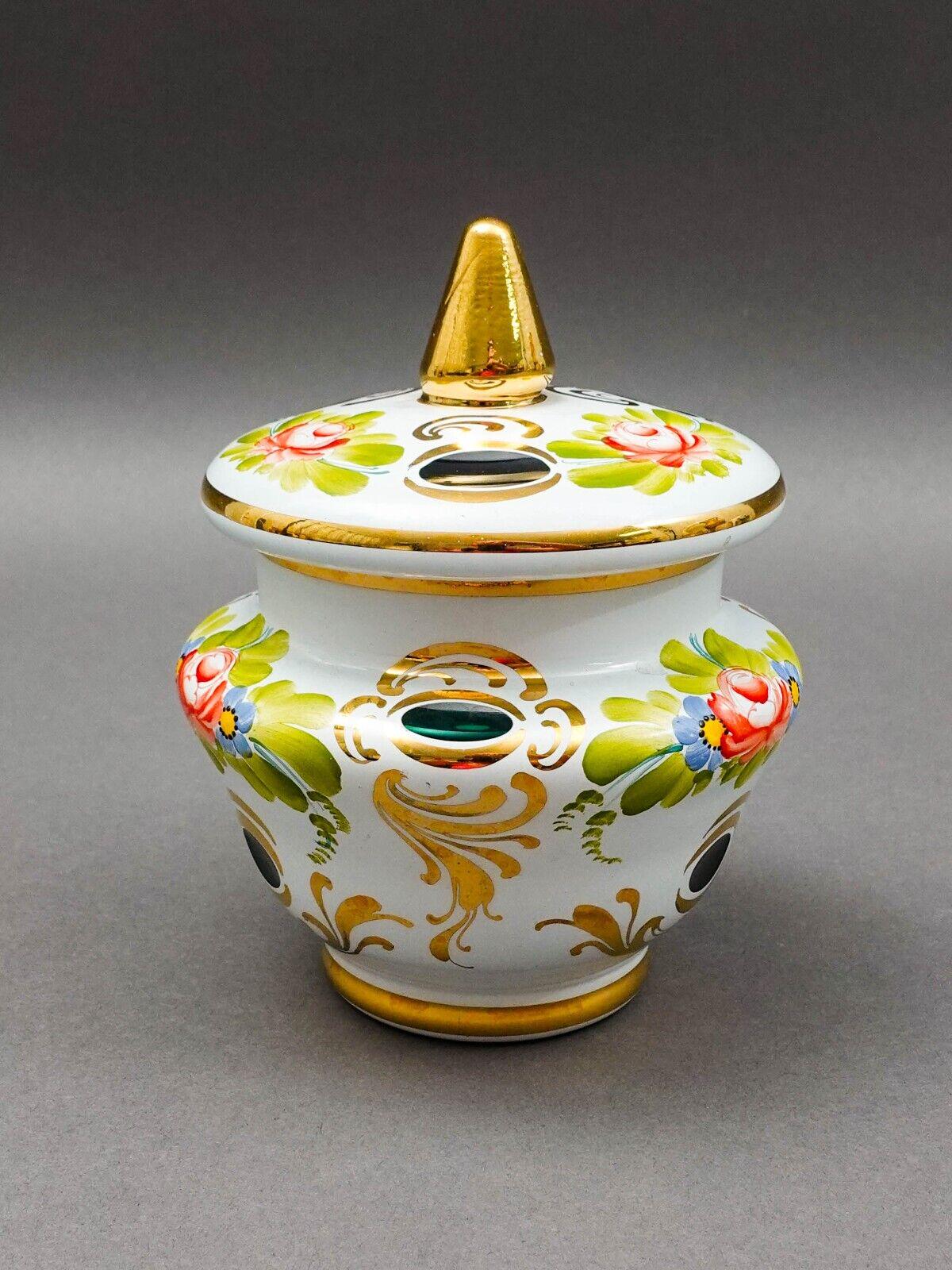 Bohemian White Cut To Green Cased Gold Gilt Hand Painted Floral Sugar Bowl