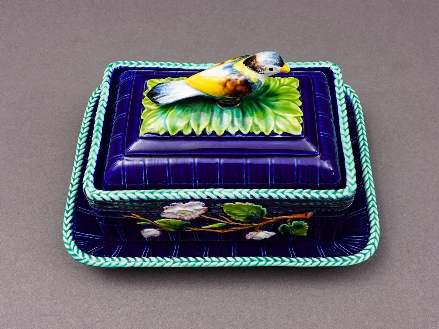 Mottahehedeh Italy Majolica Cobalt Floral Bird Finial Covered Dish With Tray