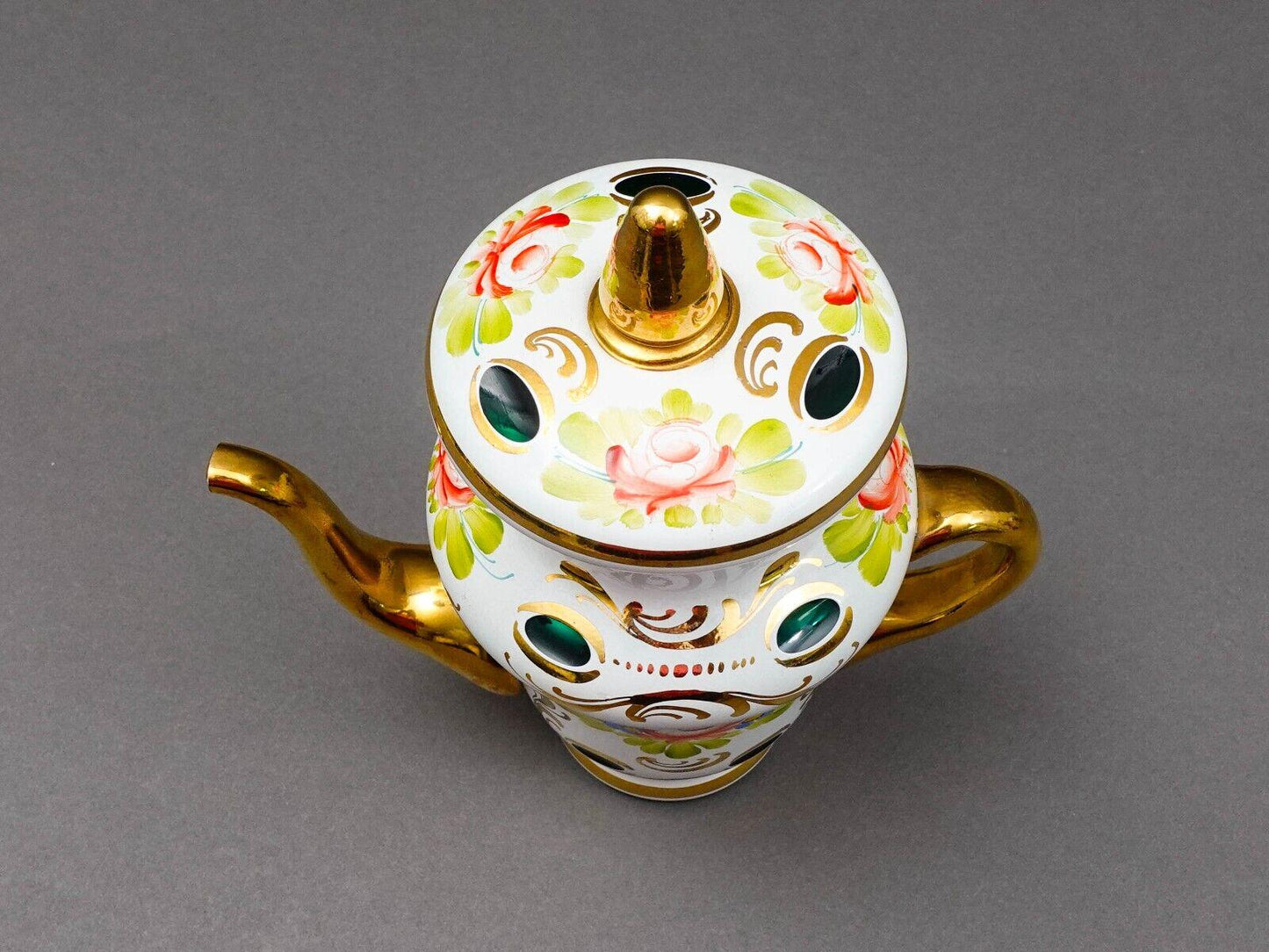 Bohemian Czech White Cut To Green Cased Gold Gilt Hand Painted Floral Tea Pot