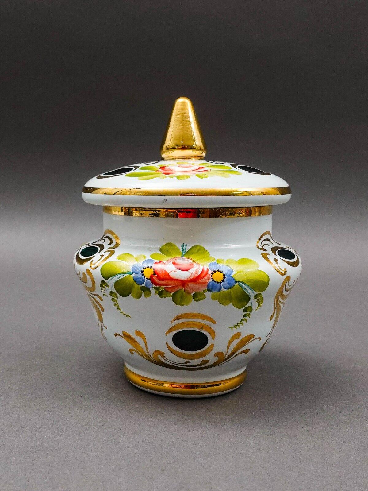 Bohemian White Cut To Green Cased Gold Gilt Hand Painted Floral Sugar Bowl