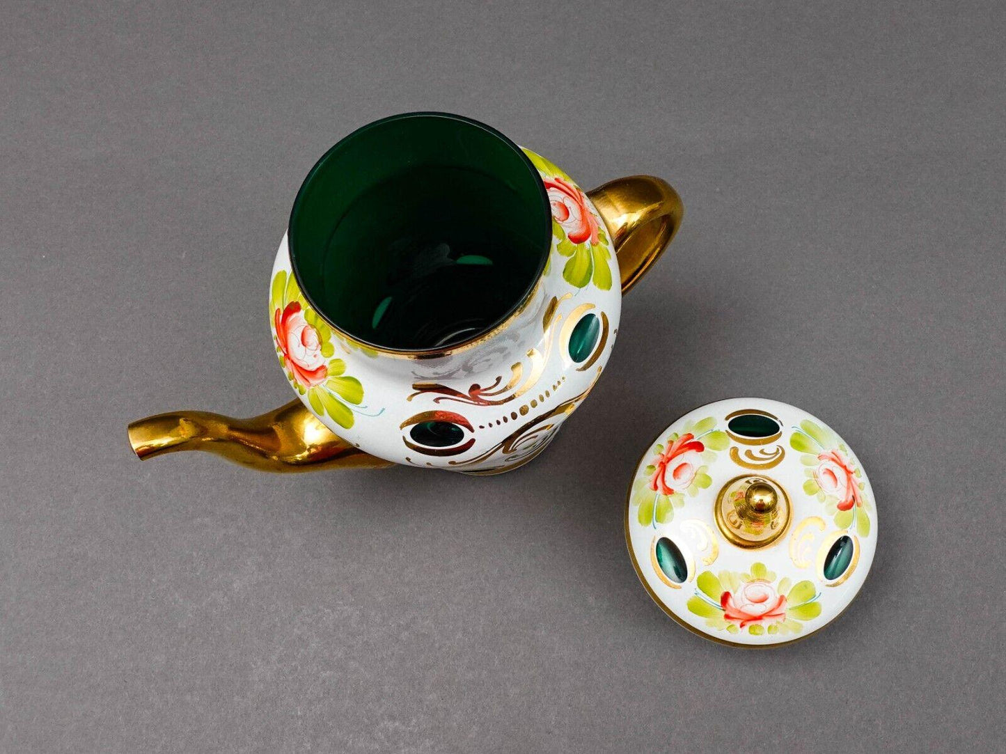 Bohemian Czech White Cut To Green Cased Gold Gilt Hand Painted Floral Tea Pot