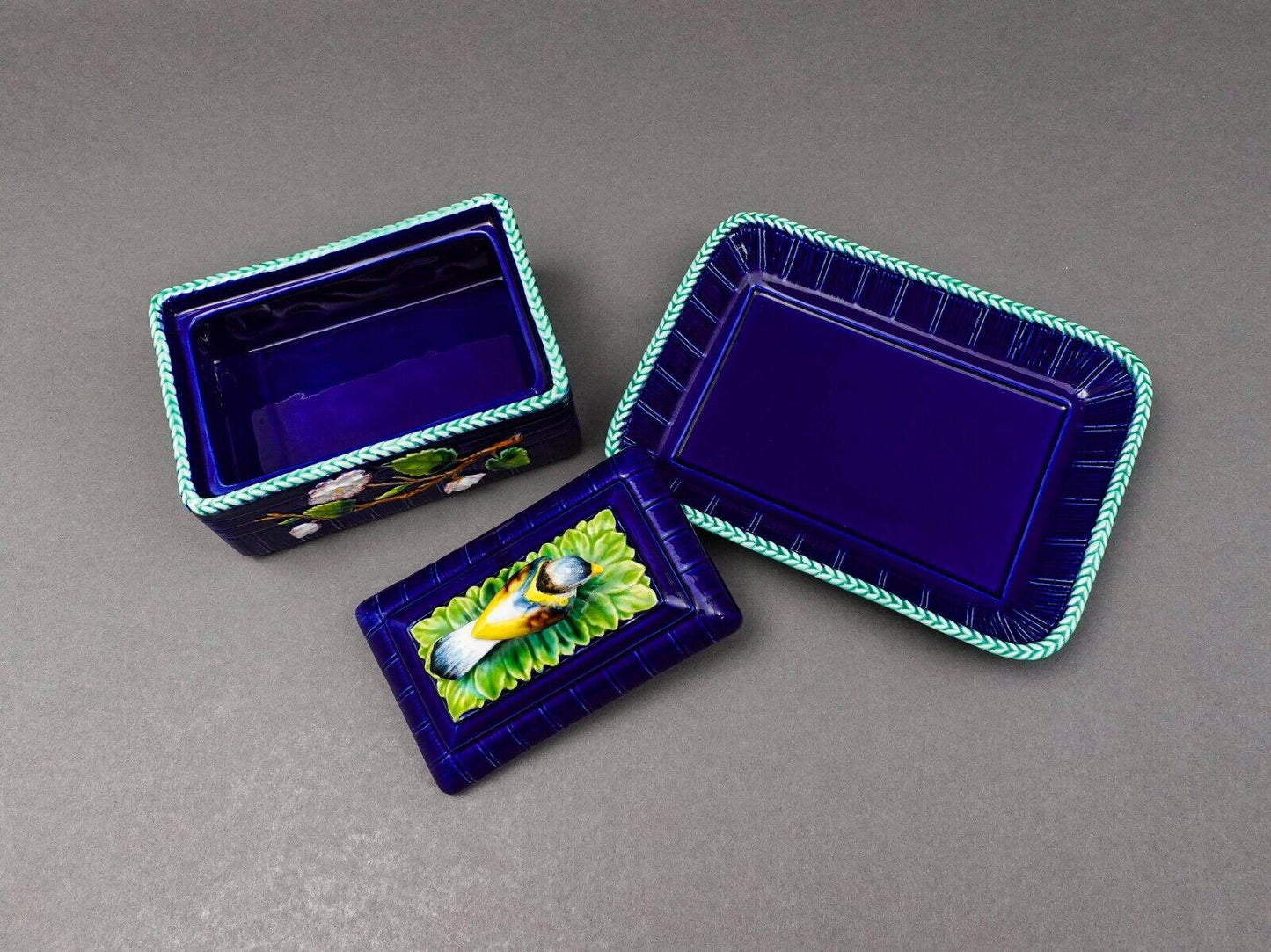 Mottahehedeh Italy Majolica Cobalt Floral Bird Finial Covered Dish With Tray