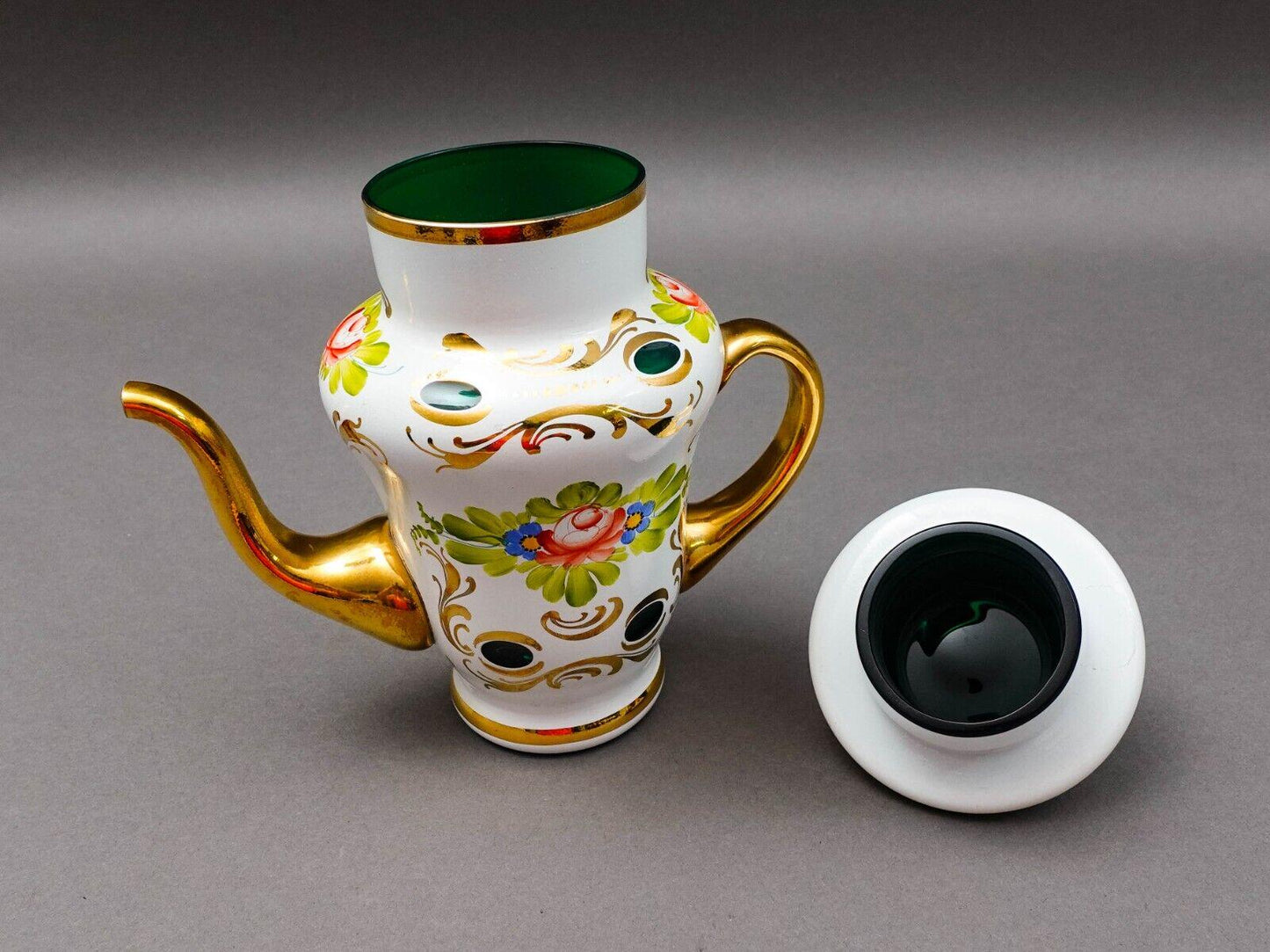 Bohemian Czech White Cut To Green Cased Gold Gilt Hand Painted Floral Tea Pot