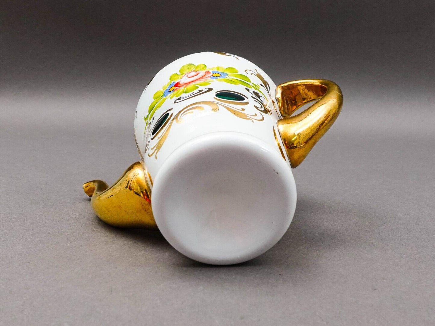 Bohemian Czech White Cut To Green Cased Gold Gilt Hand Painted Floral Tea Pot