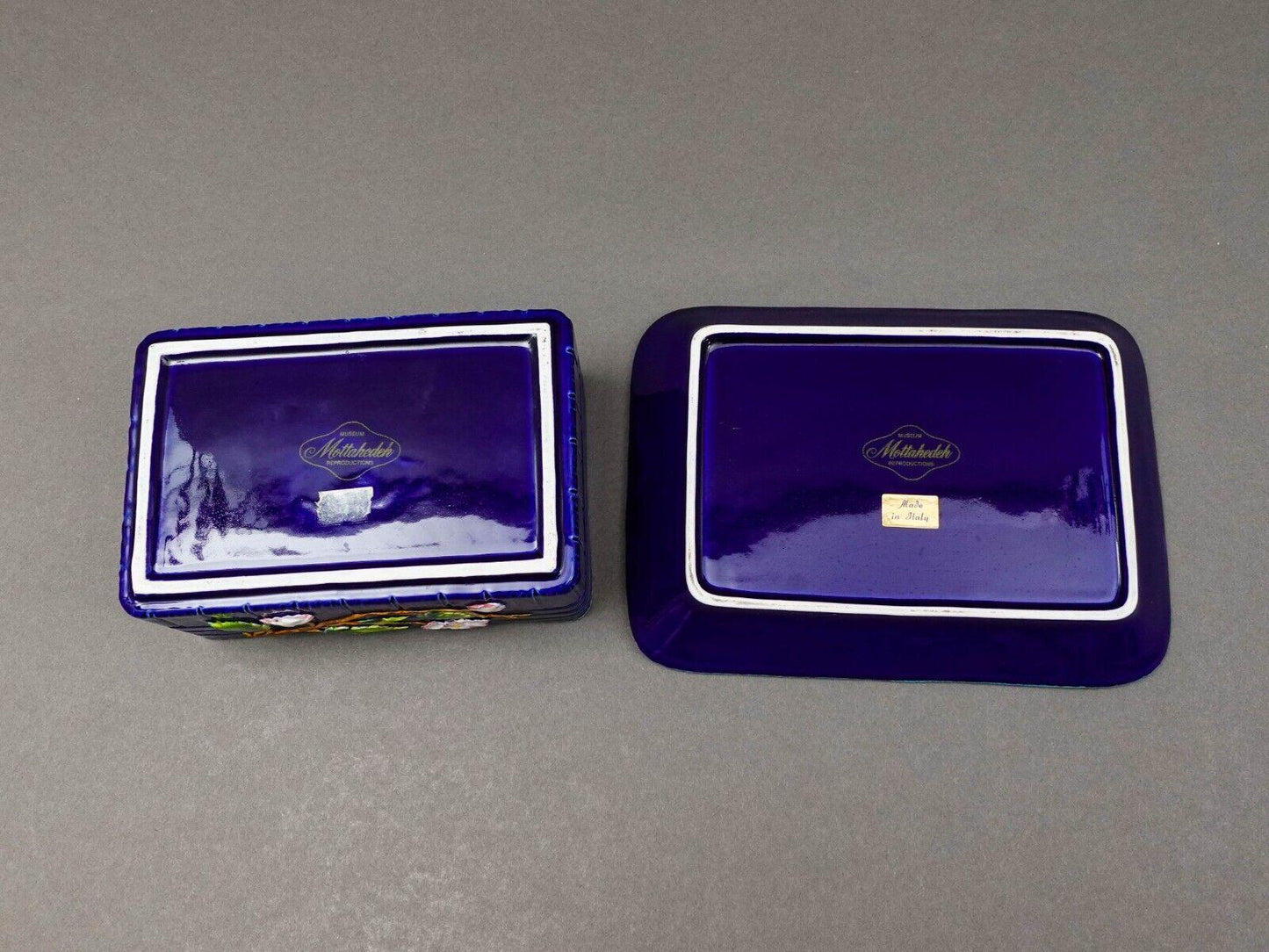 Mottahehedeh Italy Majolica Cobalt Floral Bird Finial Covered Dish With Tray