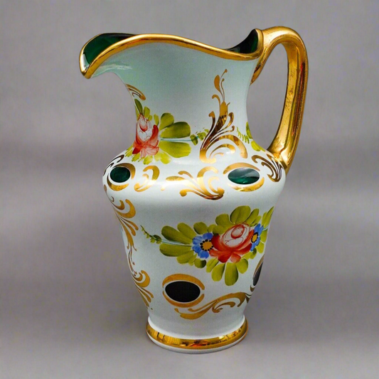 Moser Bohemian Green Cased To White & Gold Hand Painted Carafe Jug Pitcher