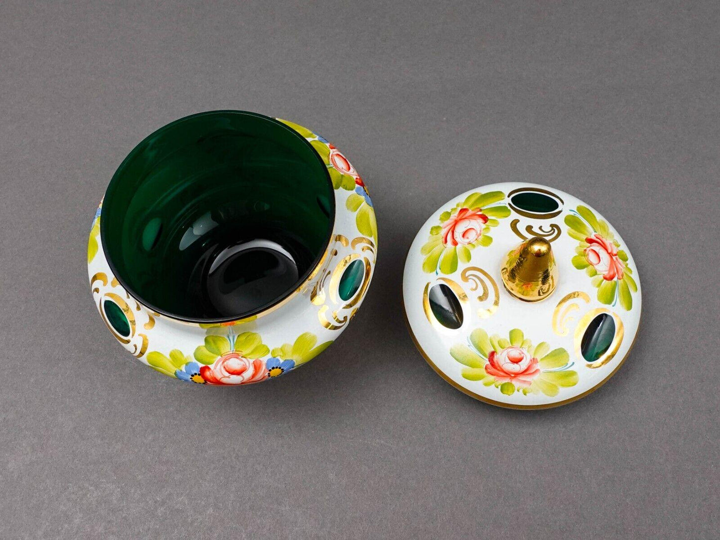 Bohemian White Cut To Green Cased Gold Gilt Hand Painted Floral Sugar Bowl