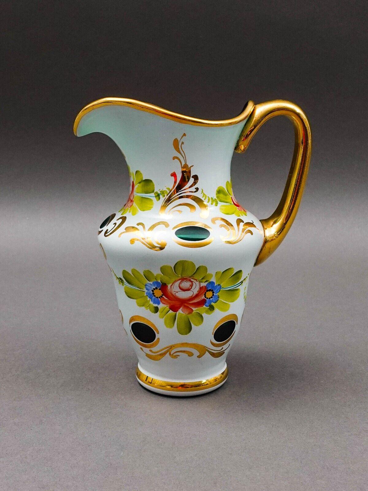 Moser Bohemian Green Cased To White & Gold Hand Painted Carafe Jug Pitcher