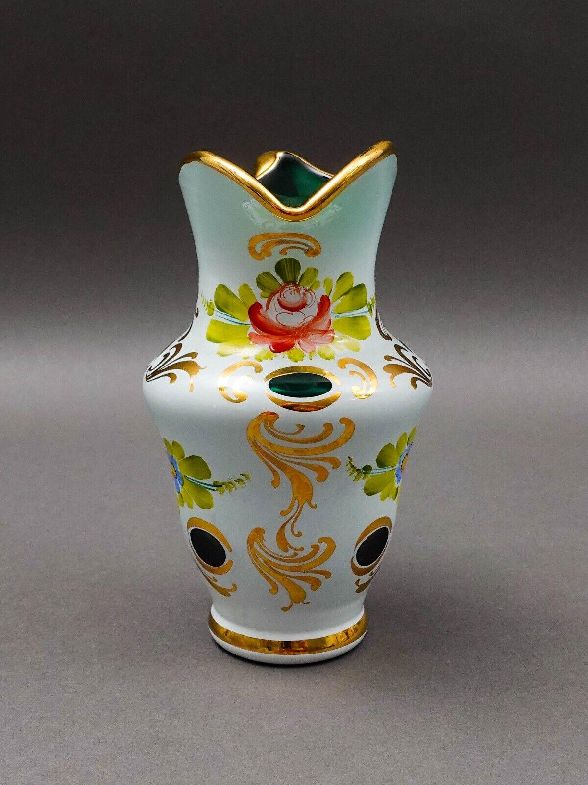 Moser Bohemian Green Cased To White & Gold Hand Painted Carafe Jug Pitcher